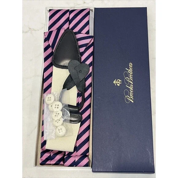 Brooks Brothers Pink Navy Diagonal Stripe Suspenders Braces Silk Leather Silver